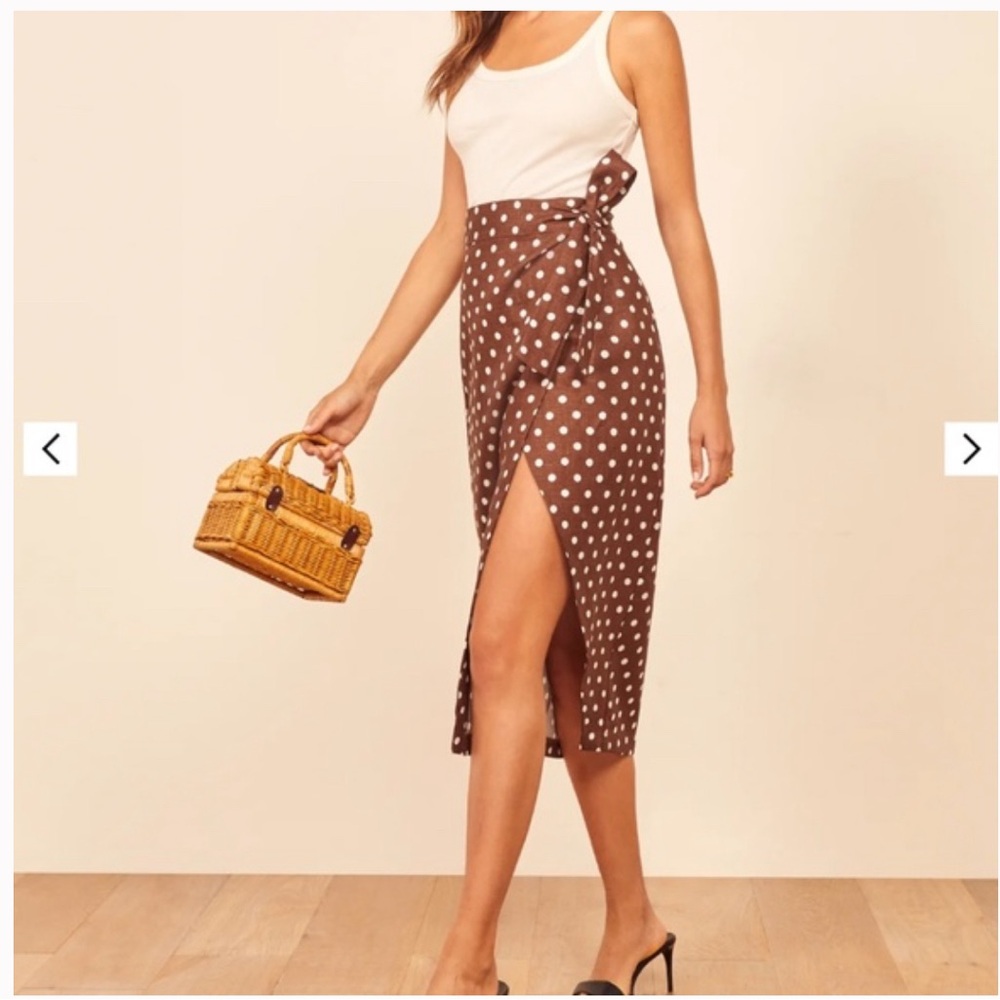 Reformation Polka Dot Print Wrap Skirt in Au Lait, Size S, EUC